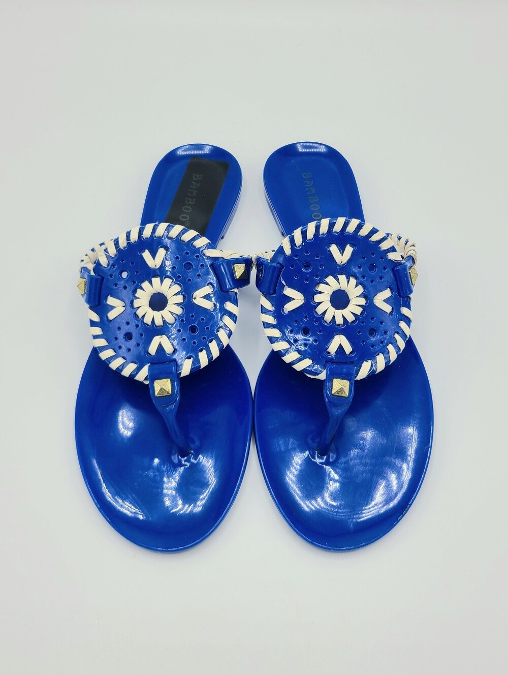 Bamboo Electric Blue Tribal Jelly Flip Flops Sandals Braided Studded Resort 8